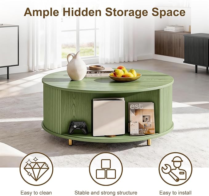 DHH Round Coffee Table, 31.5" Mid Century Modern Coffee Table with 360° Sliding Tambour Door, Fluted Accent Table with Storage Adjustable Footpads for Living Room (Green)