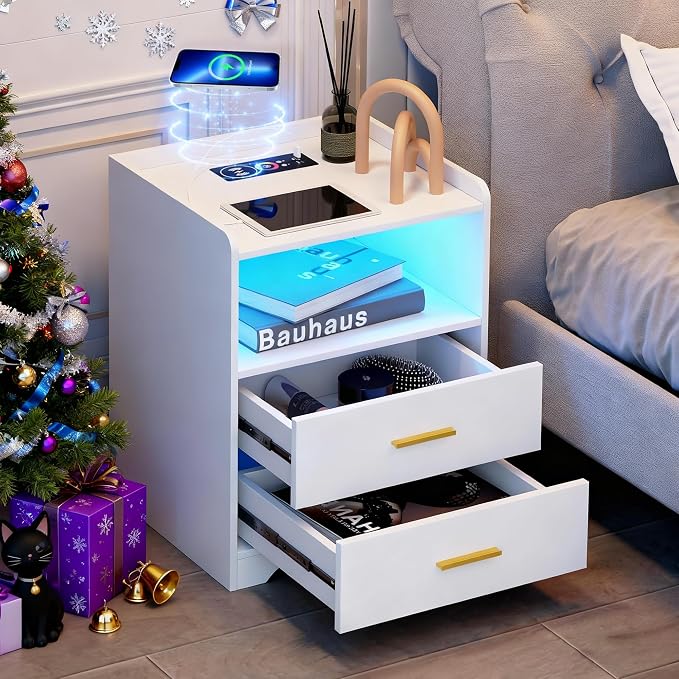dnbss White LED Nightstand with Charging Station and 24-Color RGB Lights, Smart Night Stand with Human Sensor Lighting, Modern Bedside Table for Bedroom by DNBSS