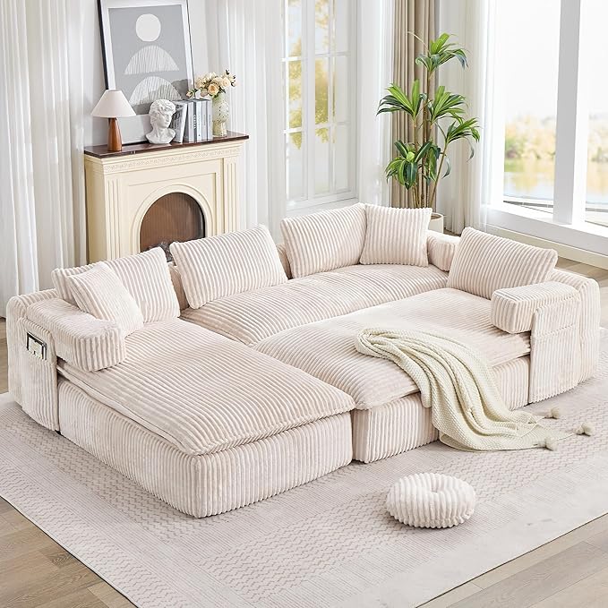 149" Oversized U Shaped Cloud Modular Sectional Sofa Boneless Couch with Double Chaise,Free Combination Convertible Floor Sofa Bed with Storage Pockets and Pillows | No Assembly