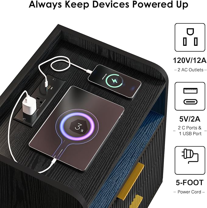 Fixwal Black Fluted Nightstand with Charging Station, LED Night Stand with 2 Wood Drawers for Bedroom, Modern Bedside Table, 15.7 x 11.8 x 25.6in - Image 4