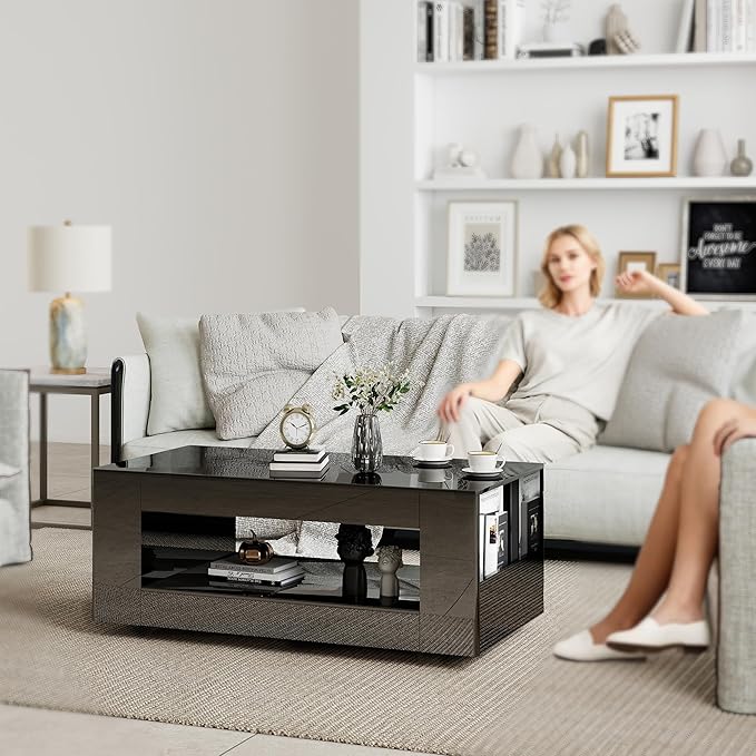 Glossy Coffee Table with Open Shelf Storage - High Gloss Modern Cocktail Table for Living Room, Bedroom, Office
