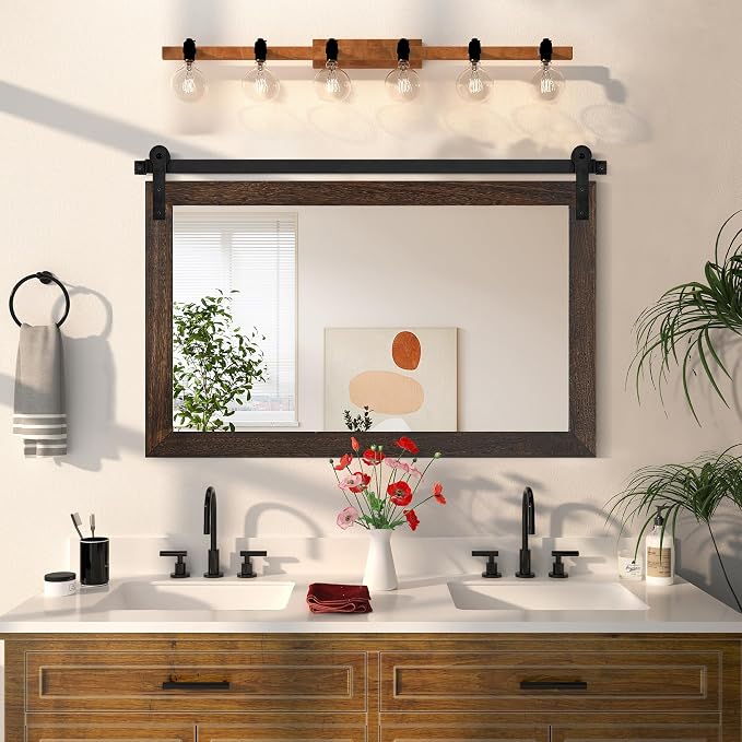 COGOOD Farmhouse Bathroom Mirror - 49" x 30" Rustic Barn Door Mirror for Living Room, Entryway, Bedroom, Vanity Wall Decor (Black Brown) by COGOOD