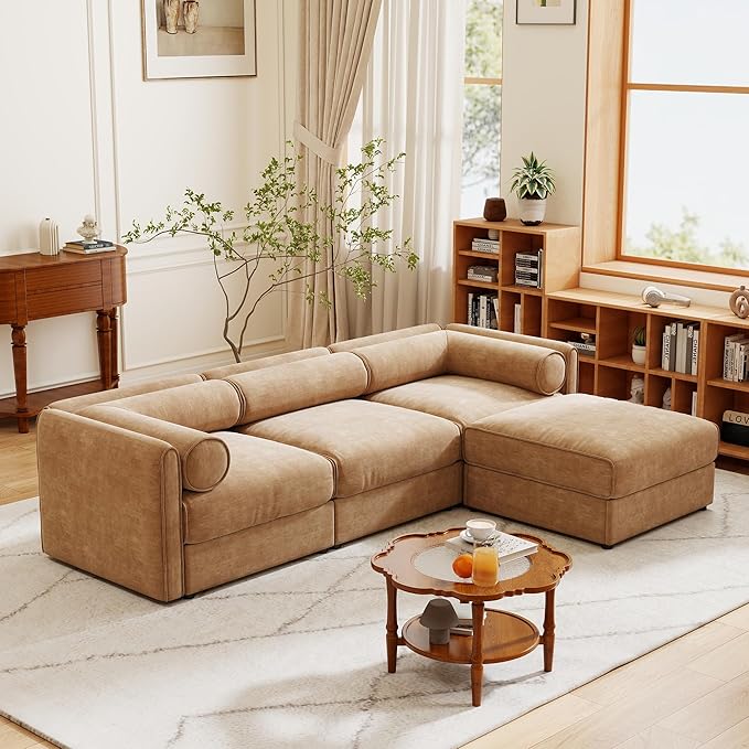 KEIKI 109" L-Shaped Modular Chenille Sectional Sofa with Storage Seat, 1 Ottoman, Modern Style 3-Seater Couch with Cylindrical Backrest and Armrests, Easy Assembly, for Apartment, Living Room, Camel