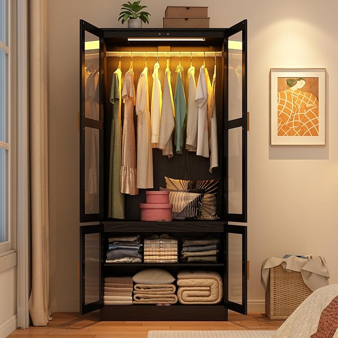 chartustriable 2 Doors Armoire Wardrobe Closet with LED,71" H Freestanding Wooden Wardrobe Closet Cabinet for Bedroom,Wooden Clothing Storage Cabinet with Hanging Rod,Closets for Bedroom(Black)
