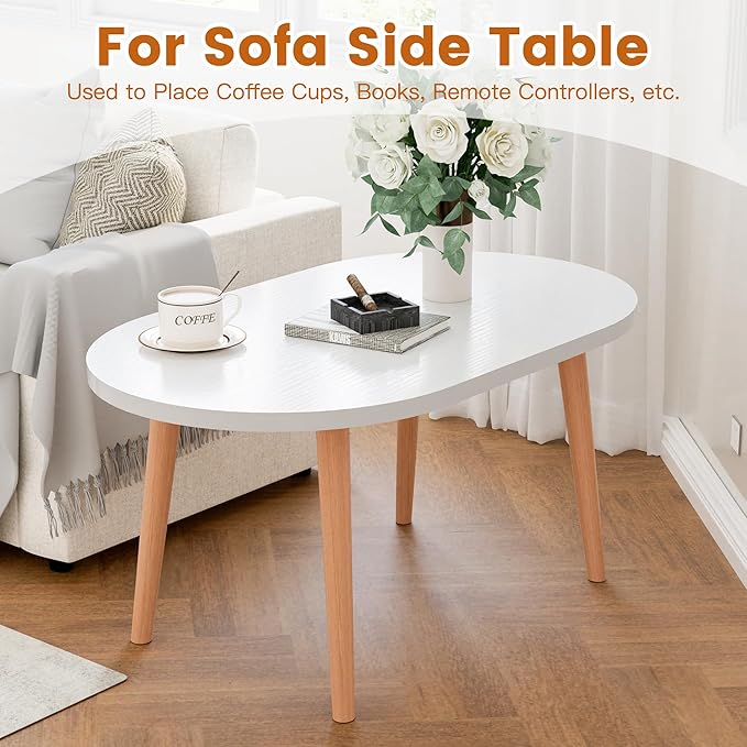 Coffee Table Low Table with Solid Wood Legs, Small Oval Coffee Table Side Table, Floor Table Desk for Sitting on The Floor, Storage and Living Room Furniture for Office Apartment Home, White