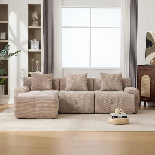 104" L-Shaped Compressed Sectional Cloud Sofa, Flannel Upholstered Modular Tufted Sofa with 4 Pieces, Modern Floor Boneless Foam Modular Cloud Couches for Living Room