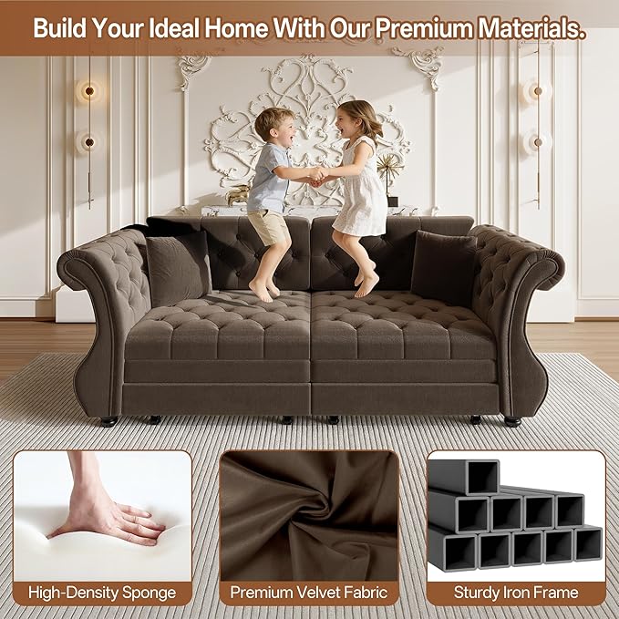 Eafurn Oversized 3-Seater Chesterfield Loveseat Convertible Queen Size Sleeper Couch Bed,Classic Tufted Velvet Pull Out Loveseat Sofa Bed with Roll Armrest and Solid Wood Legs