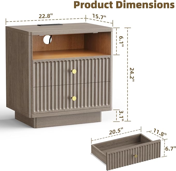 PAPROOS 23'' Fluted Nightstand Set of 2 with Charging Station, Modern Bedside Table with Motion Sensor LED Light, 2-Drawer Storage Cabinet for Bedroom & Home Office (2 pc Brown Gray) - Image 3