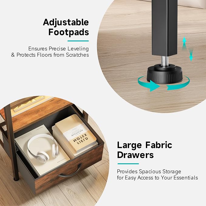 Lazzanto Night Stand Bedside Table Bedroom - Tall Nightstand with Charging Station & LED Light Strip, Bed Side Table with Storage Shelf & 4 Drawers, End Table with U-S-B Ports & AC Outlets, Brown - Image 6