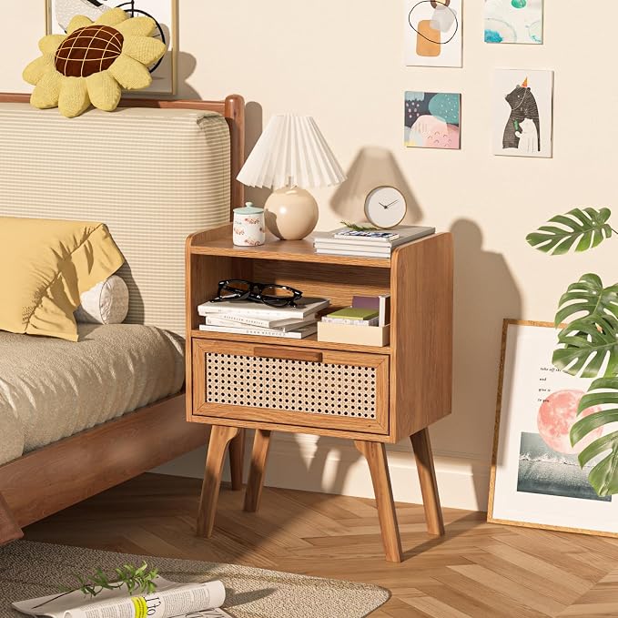 Lerliuo Rattan Nightstands Set of 2, Side Table with Drawer, Cane Accent Bedside End Table with Solid Wood Legs, Mid Century Modern Night Stand for Bedroom, Dorm and Small Spaces (Tea Brown) - Image 2