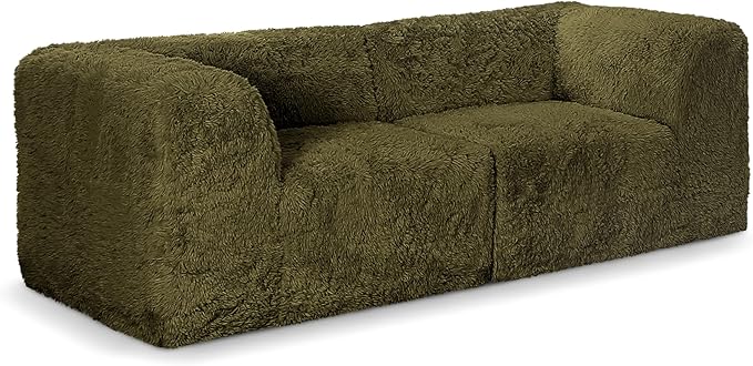 Furniture of America Havyn Modern Faux Fur 2-Seater Modular Foam Loveseat with Curved Arms & Deep Seat, Compressed Couch in a Box, No Assembly Required, for Living Room and Office, Olive Green