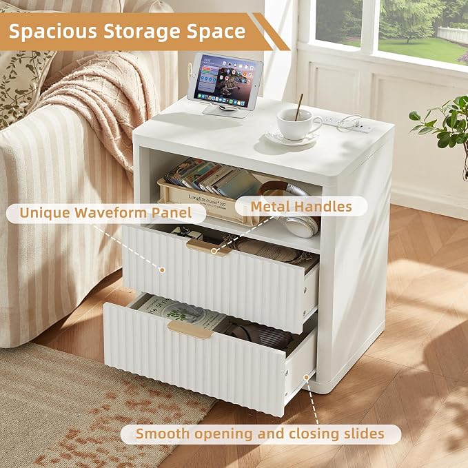 LEYAOYAO Fluted Nightstand Set of 2 with Charging Station, 23" Wide 2 Drawers End Table,Antique White Dresser for Bedroom,Bed Side Table Chest of Drawers Cabinet,Wood Night Stand for Living Room - Image 7
