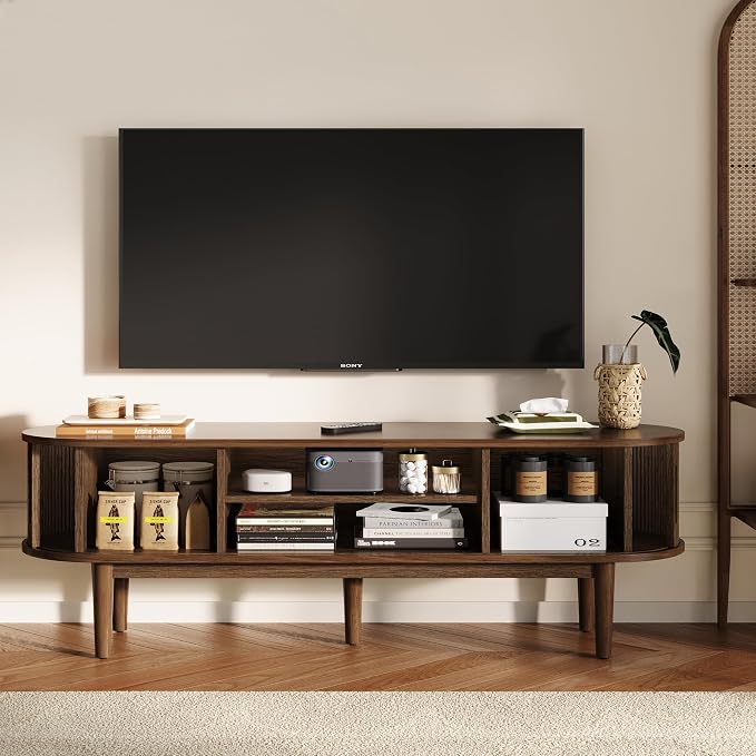 LINSY HOME 58" Fluted TV Stand for TVs up to 65 Inch, Mid Century Modern Entertainment Center with Storage Cabinet and Sliding Doors, Farmhouse Wood Media TV Console for Living Room, Bedroom, Walnut - Image 6