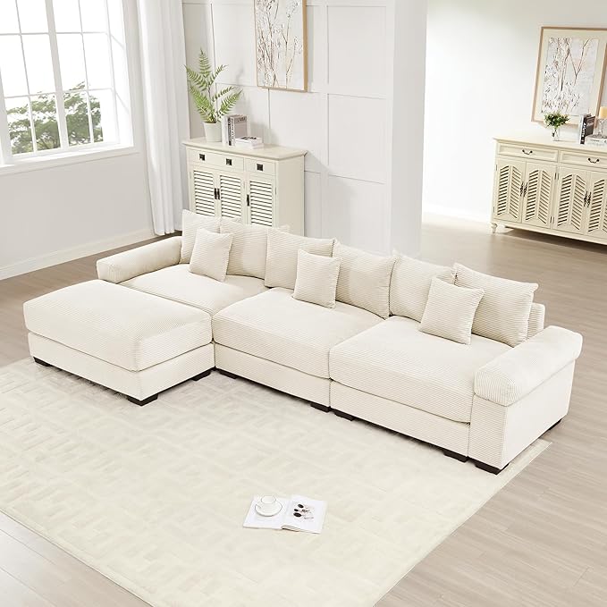 KEIKI 130" L-Shaped Oversized Corduroy Modular Cloud Sectional Sofa with 1 Ottoman, High-Density Foam Cushion, Extra-Thick Armrest, 3-Seater Fluffy Corner Couch with 9 Pillow, for Living Room, Beige