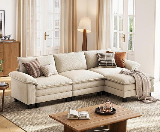 LINSY HOME 123'' Modular Sectional Sofa Beige Couch Corduroy Cloud Couches for Living Room, L Shaped Couch with Movable Ottoman, Modern Cloud Sectional Sofas for Bedroom and Apartment, Beige