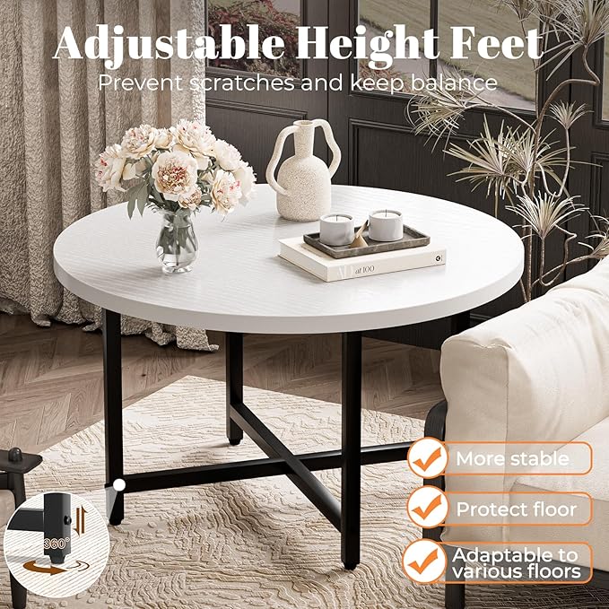 Round Coffee Table, Small Coffee Tables for Living Room, Low Wood Coffee Table with Metal Frame, Floor Table Desk for Sitting on The Floor, Home, Office, White(23.6" D x 17.7" H)