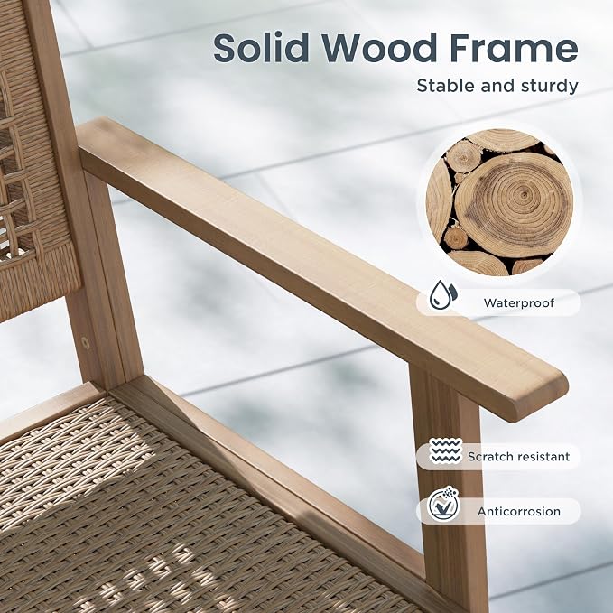 PHI VILLA Outdoor Acacia Wood Chairs Set of 2, Patio Dining Armchairs with Wicker Back & Seat, Farmhouse Style Teak Seating Furniture for Deck Yard Balcony Garden - Light Brown - Image 7
