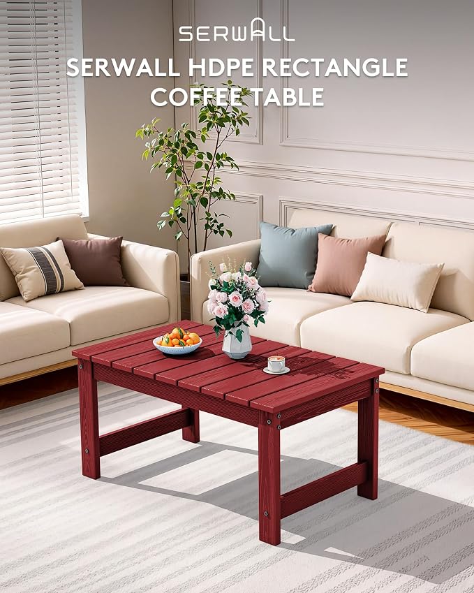 SERWALL Outdoor Coffee Table with 1.69" Umbrella Hole, HDPE Patio Coffee Table for Outside, Rectangle, Red - Image 8