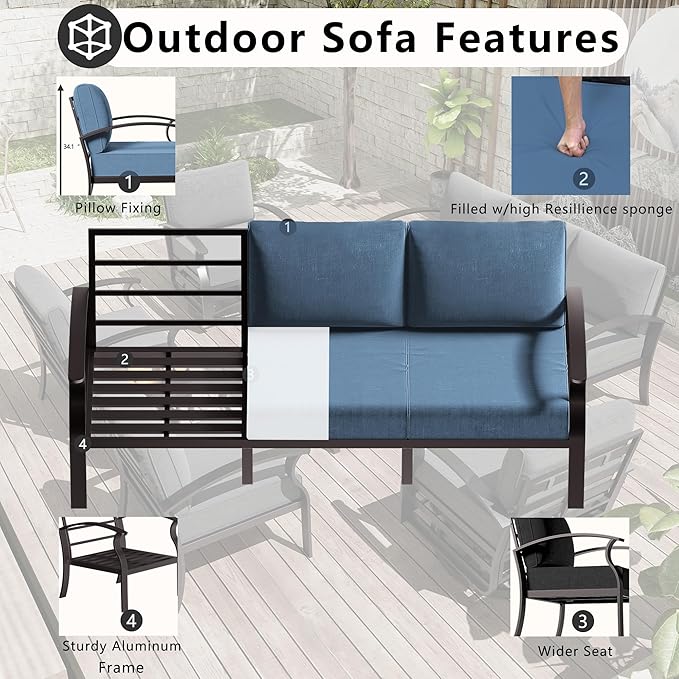 Patio Furniture Set 5-Piece Aluminum Armrest Sofa, Modern Outdoor Living Room Set with 55000 BTU Propane Aluminum Fireplace, Outdoor Rotary Joystick with Thick Cushion