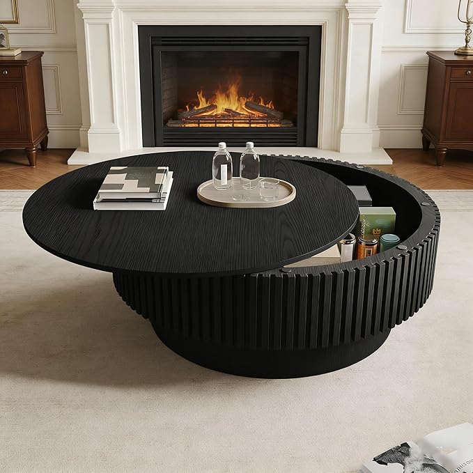 Round Coffee Table with Storage, Modern Fluted Wood Coffee Tables with Sturdy Base, 31.5" Drum Circle Center Tea Table for Living Room Apartment, Easy Assemble - Black