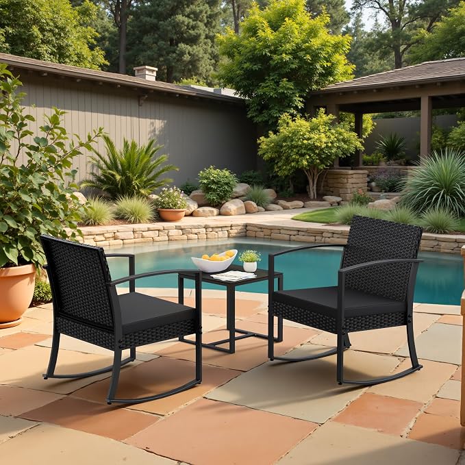 Homall Patio Furniture Set 3 Piece Resin Outdoor Bistro Set Rocking Patio Chairs with Cushions and Table for Porch, Poolside, Balcony and Yard (Black) - Image 7