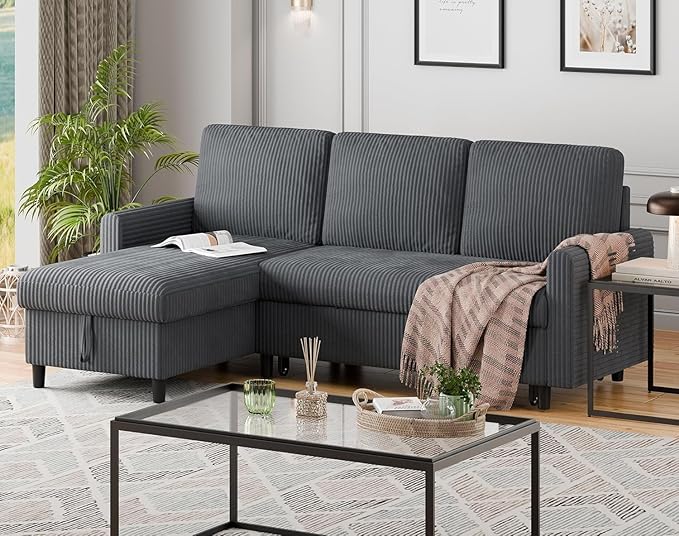 Shintenchi Futon Sofa Bed Convertible Couches L Shaped, 4‑in‑1 Sectional Sleeper Sofa Pull Out Couches for Living Room, Multifunctional Couch with Storage Chaise Corduroy Fabric, Dark Gray