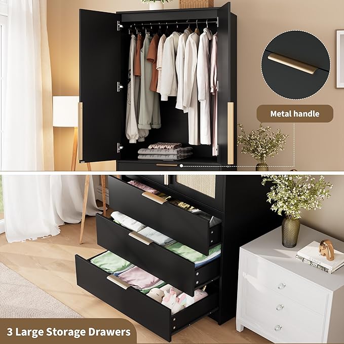 GarveeHome Armoire Wardrobe Closet, 69.5 in Wooden Wardrobe Cabinet with 3 Drawers, Hanging Rod, 2 Doors Clothing Storage Cabinet for Bedroom, Large Capacity Storage, Rattan Door, Black