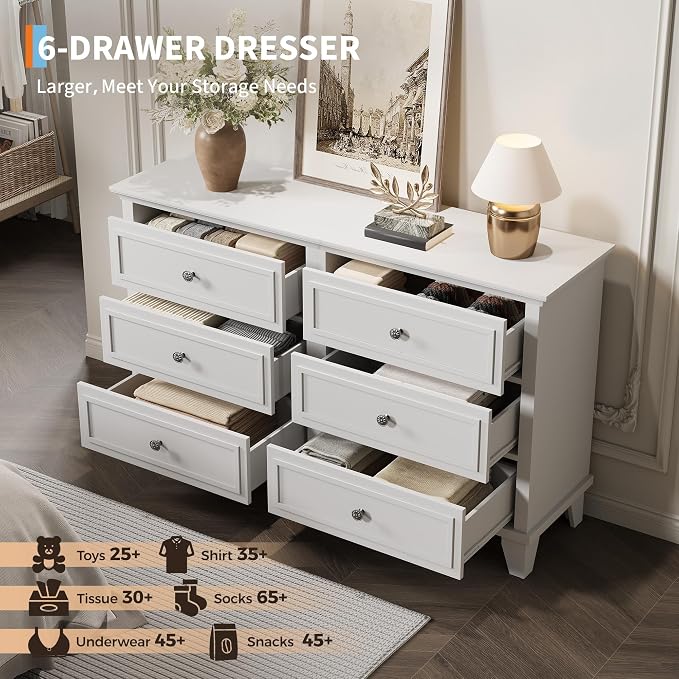 GAOMON Dresser for Bedroom, 6 Drawer Wide Dresser Storage Organizer, Modern Wooden Chest of Drawers with Metal Handles for Hallway, Entryway, Home Office, White - Image 4
