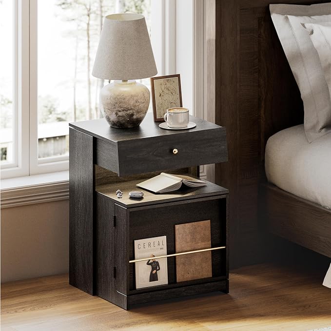 Night Stand Set of 2 with Charging Station, Modern LED Nightstand with Sliding Drawer & Storage Cabinet, Wood Bedside Table End Side Table for Bedroom Small Space, Black - Image 8