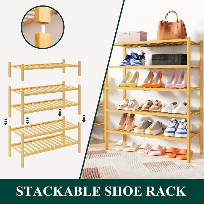 Smiry Shoe Rack, 3 Tier Thick Bamboo Shoe Organizer, Stackable Free Standing Wooden Shoe Storage Shelf for Closet, Entryway, Front Door Entrance, Natural - Image 4