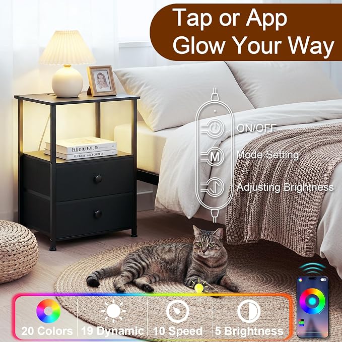 LOAKEKEL Night Stand Set 2, LED Nightstand with Charging Station, End Tables with Storage Shelf, Bed Side Table with 2 Fabric Drawers for Bedroom, Small Spaces, Black, HETS02BK - Image 5