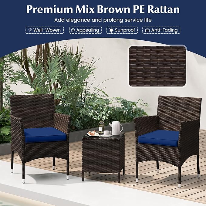 KOTEK 3 Piece Patio Furniture Set, Outdoor Wicker Patio Chairs with Soft Cushions & Tempered Glass Top Table, PE Rattan Bistro Set for Porch, Garden, Balcony (Navy)