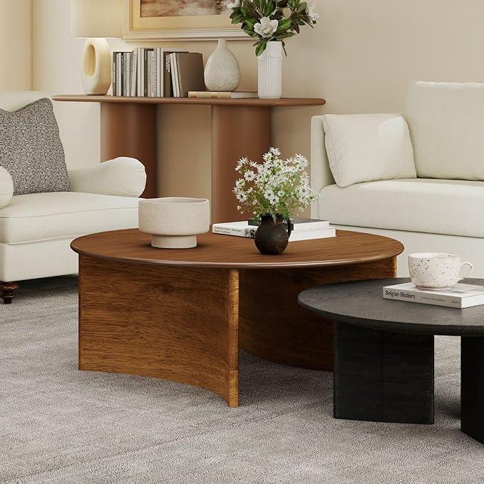 31.5″ Round Coffee Table, Walnut Circle Coffee Table with Curved Base, Solid Wood, Ideal for Living Room, Apartment, Compact Place