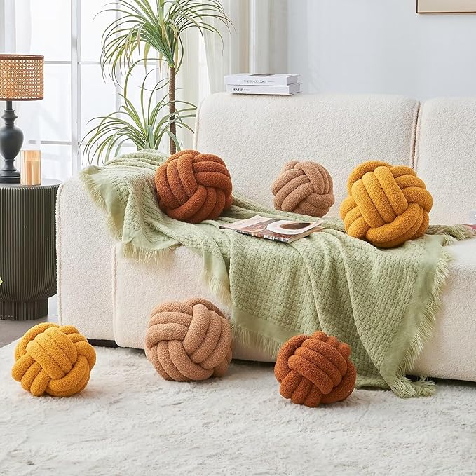 LUSJNGE Decorative Throw Knot Pillow Ball for Home Chair Sofa Couch Bed Aesthetic Round Decor Pillows Lambswool Knotted Pillow Cushion (Caramel, 11 inches)