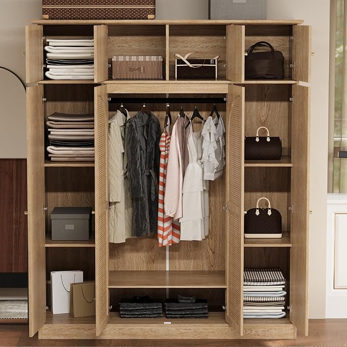 KEIKI Large 8 Doors Wood Wardrobe, Bedroom Tall Armoire Closet Organizer w/Rattan Decorative, Hanging Rails & Adjustable Shelves Clothes Storage Cabinet for Garage & Laundry Room, Brown