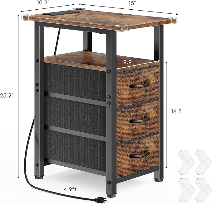 Vagusicc Set of 2 Night Stand with Charging Station, Narrow Nightstand with U-S-B Ports and Outlets, Small Night Stand 3 Fabric Storage Drawers, Small Bedside Table, Rustic Brown - Image 3