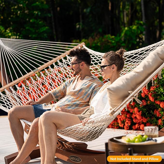 Lazy Daze Hammocks 12FT Double Rope Hammocks, 2 Person Hand Woven Cotton Hammock with Spreader Bar for Outside, Patio, Poolside, FIT 13-15 FT Stand, Max 450 Lbs, Natural, 141 x 57 inches - Image 7