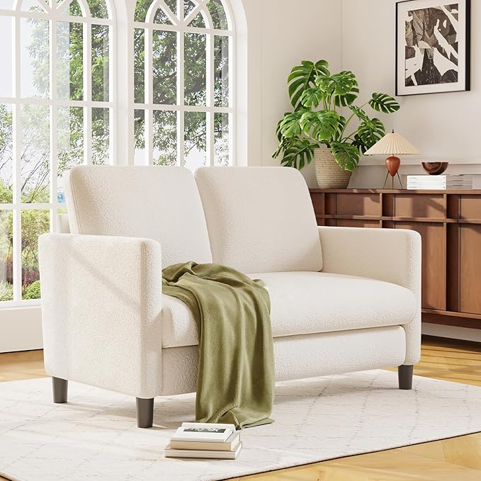Loveseat Sofa, 51" Love Seat, Comfy Teddy Small Loveseat for Small Spaces, Tool-Free Setup Sofa Couch for Bedroom, All-Wood Couches for Living Room, No Pillow Included, Cream White