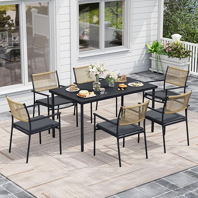 7 Pieces Outdoor Dining Set for 6, Large Steel Dining Table with Umbrella Hole, Wicker Patio Table and Rattan Chairs for Garden, Deck, Yard, Porch, Matte Metal Spray Coating Patio Dining Set, Black - Image 8