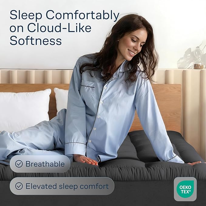 Cloud-Like Queen Mattress Topper - 100% Cotton Top Mattress Pad for Back Pain Relief - Breathable & Naturally Cooling for Hot Sleepers, Dark Gray