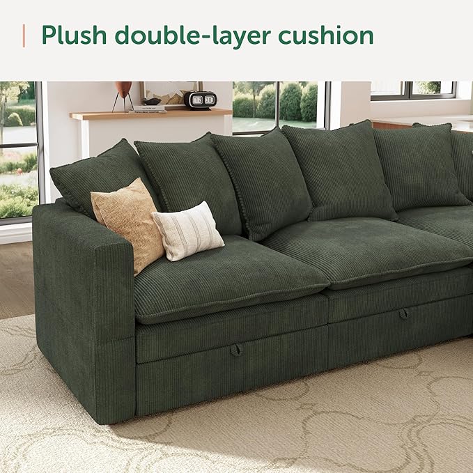 HONBAY Modular Sectional Sofa with Ottoman, 7 Seat U Shaped Couch with Storage & Pillows, 137 Inch Oversized Sectional Sofa for Living Room, Green
