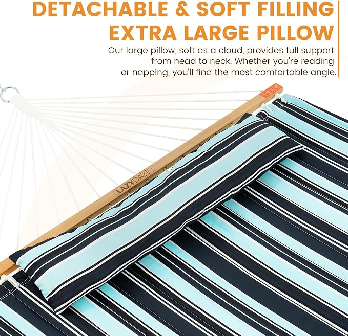 Lazy Daze Hammocks 2 Person Double Quilted Fabric Hammock with Spreader Bar, Detachable Pillow, Side Pocket, Carabiners, Chains, Straps for Outdoor, 450lbs Capacity, Aqua Navy - Image 3