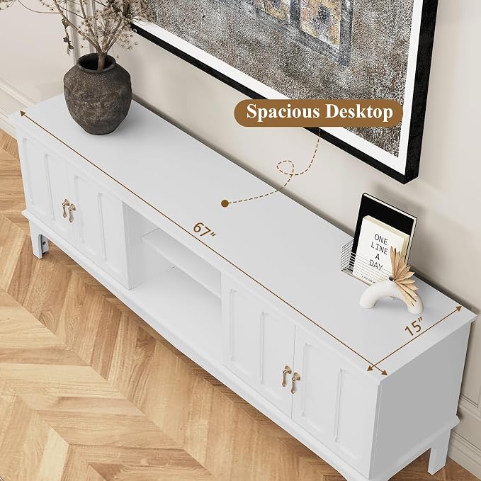 ARTPOWER 67“ Vintage TV Stand for TVs up to 75”, Modern Entertainment Center with Door Cabinets and Open Shelves, Media Console with Storage, White TV Credenza for Living Room, Bedroom - Image 2