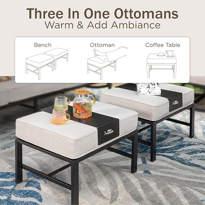 PHI VILLA 8 PCS Patio Furniture Set with Fire Pit Table,Metal Outdoor Furniture with 3-Seat Bench Sofa, Swivel Sofa Chairs, Leg Chair & Ottoman, Modern Patio Set, Beige