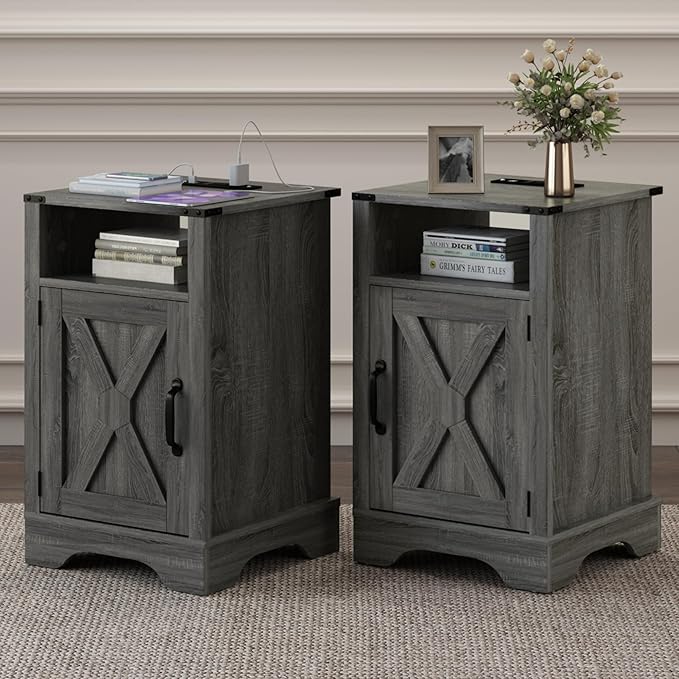 RoyalCraft 25" Tall Nightstands Set of 2, Farmhouse Nightstand with Charging Station, Large End Table with Storage, Wood Grey Bedside Table for Bedroom, Dark Grey by Bringyoubetterlife