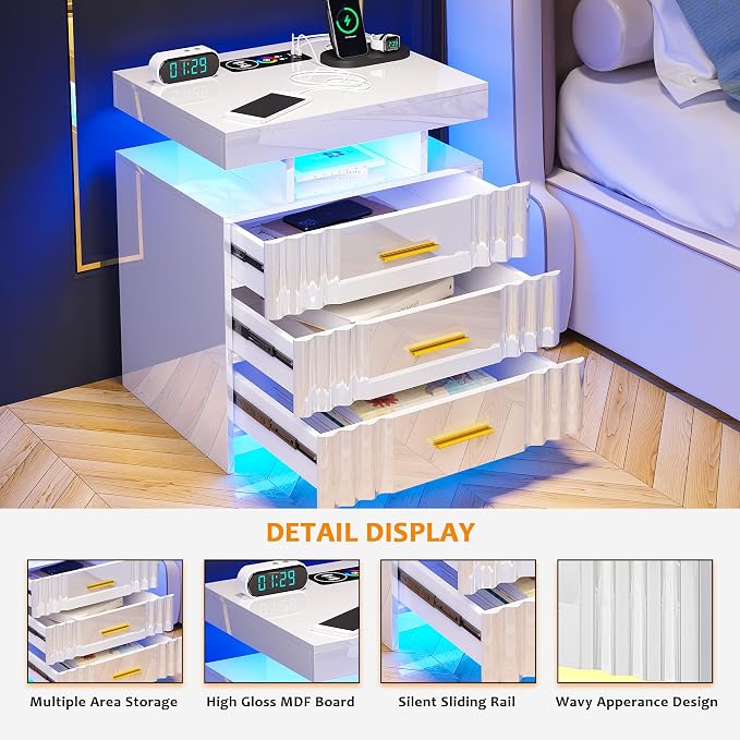 HNEBC LED Nightstand Set of 2,White Night Stand with Charging Station-USB+Type-C+Wireless Charging,Smart Bedside Table has Auto Sensor, High Gloss Bedside with 3 Drawers for Bedroom (1PCS-Black) - Image 7