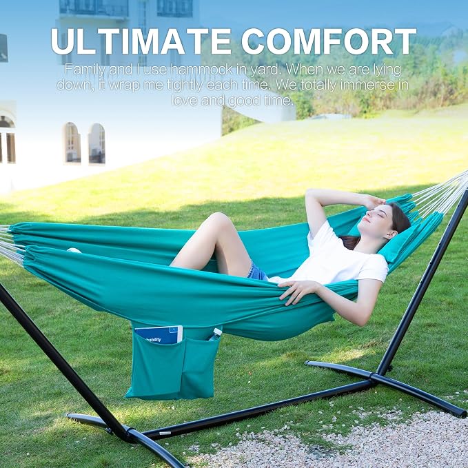 PNAEUT Double Hammocks with Stand for Outside, Portable Space Saving Heavy-Duty Steel Stand for Indoor Outdoor Patio with Carrying Bag, 450 lbs Capacity (Aqua) - Image 2