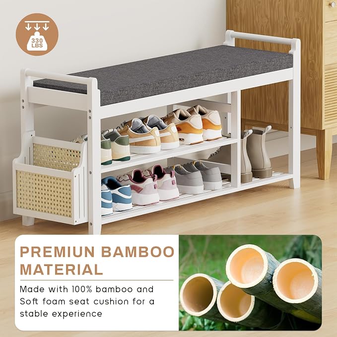 Homaxy 2-Tier Shoe Rack Bench with Side Holder, 39.4 in Bamboo Entryway Bench, Shoe Rack Organizer with Cushion for Front Entrance, Hallway Living Room Bedroom, White and Dark Grey - Image 4