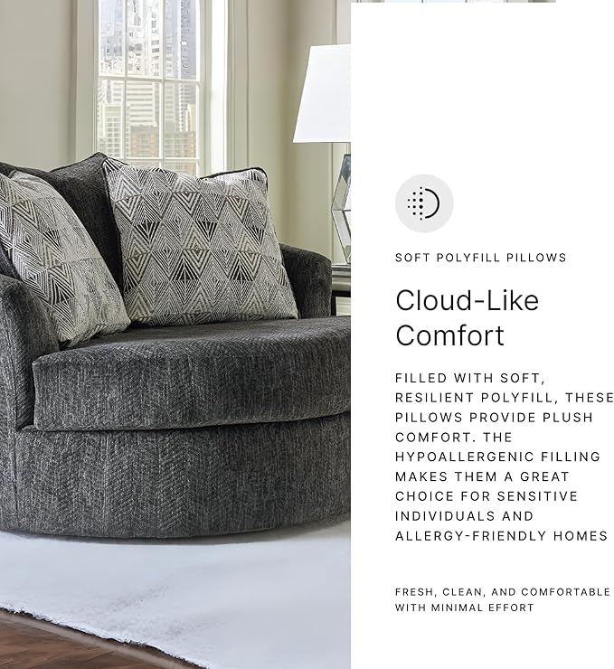 Signature Design by Ashley Biddeford Transitional Upholstered Oversized Swivel Accent Chair with 3 Accent Pillows, Black