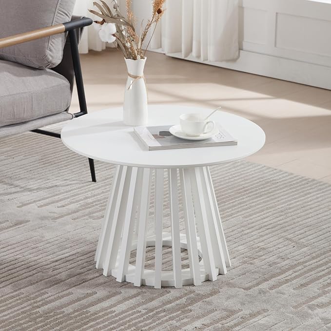 LukeAlon 24" Round Coffee Table, Mid Century Modern Wooden Center Table with Columnar Wood Strips Base Sofa Side Table Circle Tables for Living Room Small Space, White